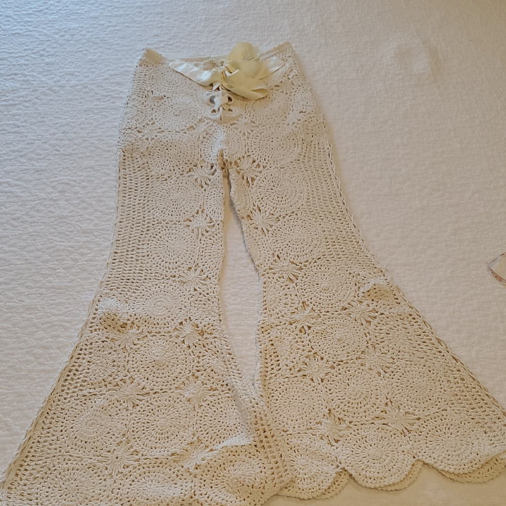 Free People Cream Crochet Flare Pants